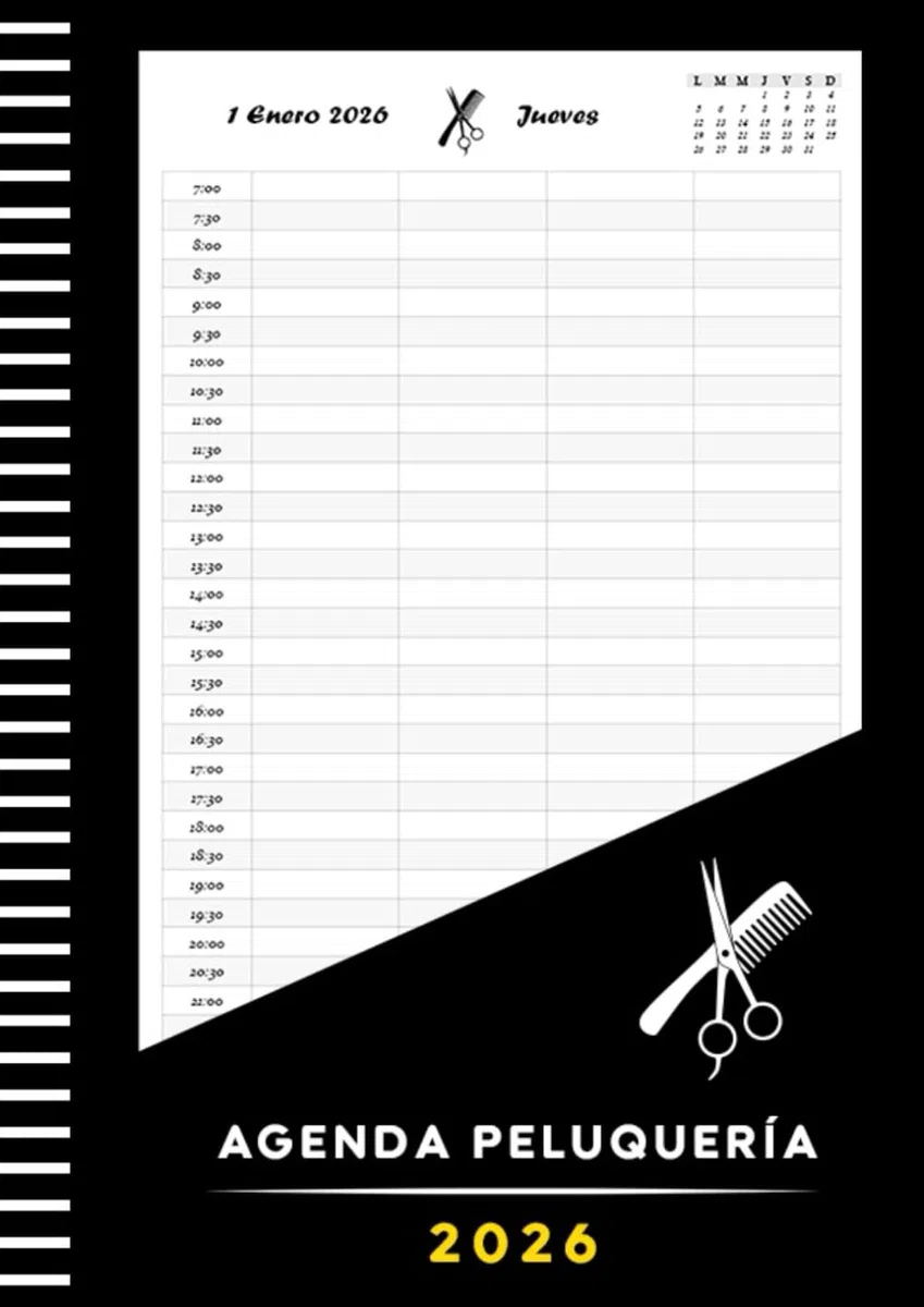 Agenda Peluquería 2026: Libro de citas peluquería, barbería y estilista | 1 día por página | Intervalo de 30 Minutos de 7:00 a 22:30 (4 Columnas)