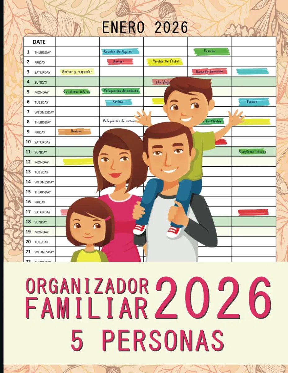 Organizador Familiar 2026 5 Personas: Calendario mensual familiar, en 5 columnas, para una familia de cinco, Enero a Diciembre , tamaño A4