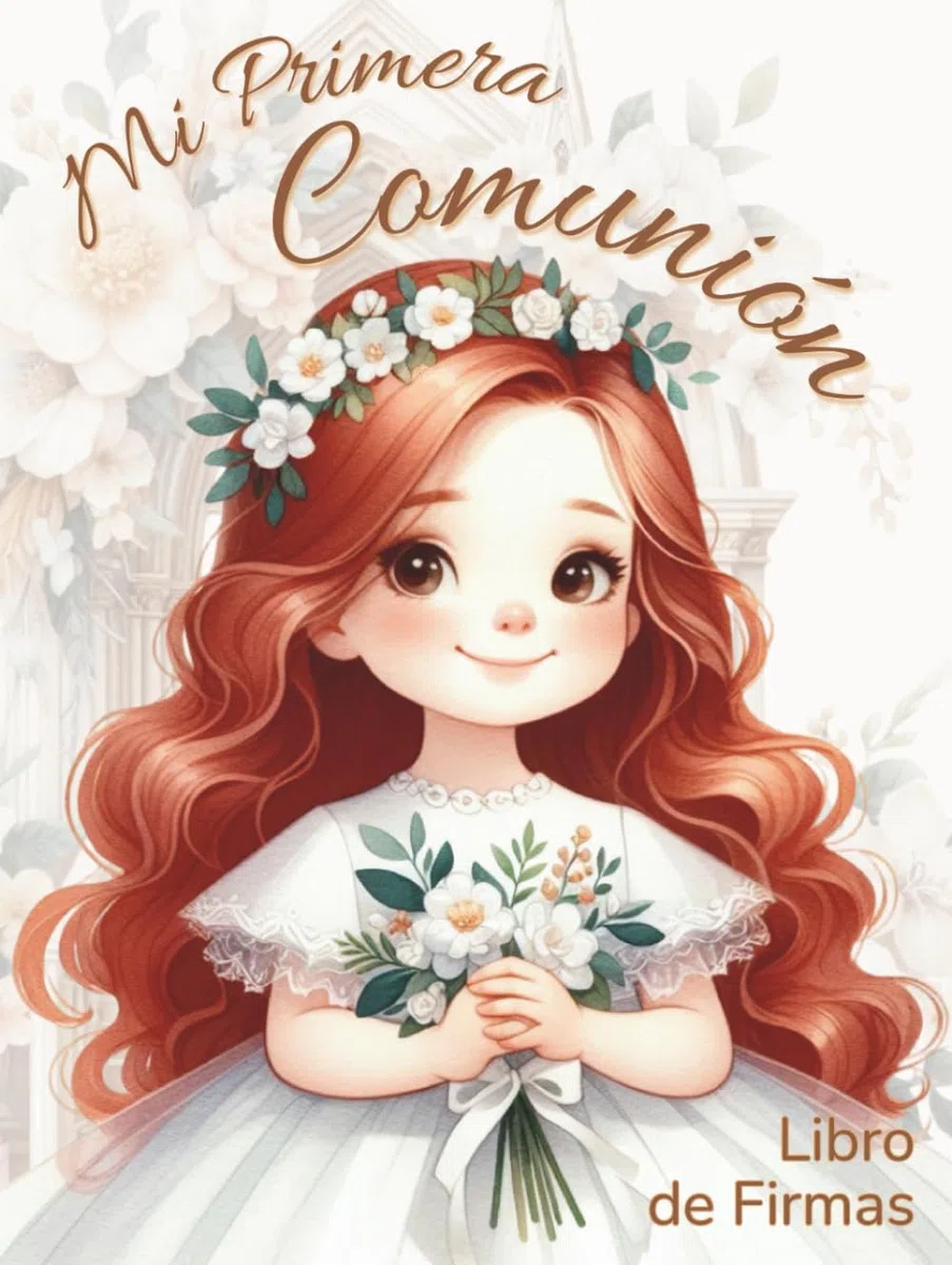 Mi Primera Comunión. Libro de firmas.: El regalo personalizado ideal para niñas pelirrojas: álbum de fotografías, mensajes de invitados y dedicatorias. Tapa dura, papel crema.