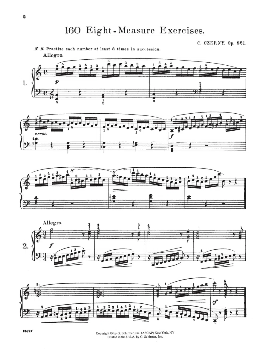 Carl czerny : 160 eight-measure exercises, op. 821 - piano - recueil: Schirmer Library of Classics Volume 147 Piano Technique